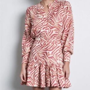 NWT Karina Grimaldi Pink and White Ruffled Tiered Dress Linen Size Small Zebra